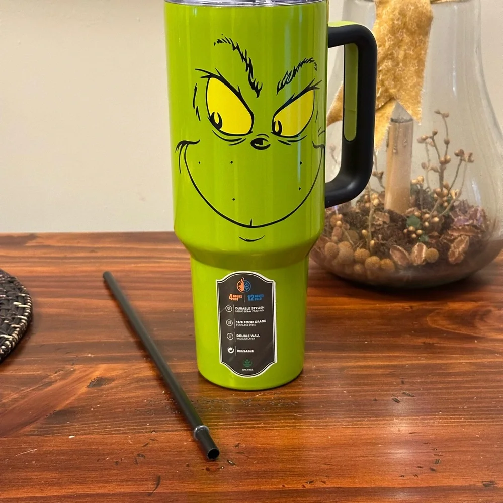 Grinch Grinning Face 40 Oz Green Stainless Steel Tumbler With Handle